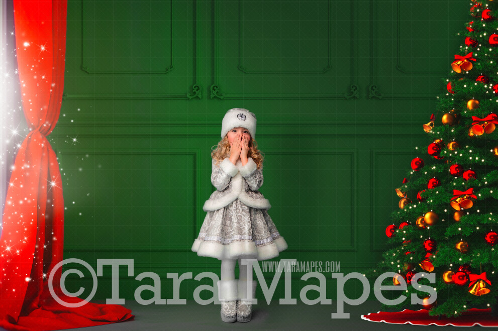 Green Christmas Room with Magic Window - Vintage Holiday Scene - Christmas Background - Holiday Digital Background Backdrop