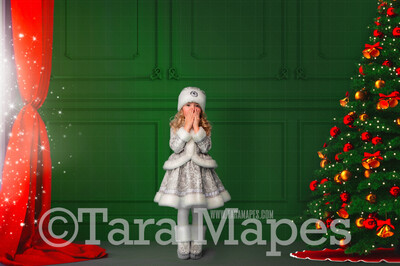 Green Christmas Room with Magic Window  - Vintage Holiday Scene - Christmas Background - Holiday Digital Background Backdrop