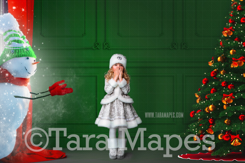 Christmas Digital Backdrop - Snowman in Magic Christmas Window - Snowman in Green Christmas Room - Christmas Background - Holiday Digital Background Backdrop