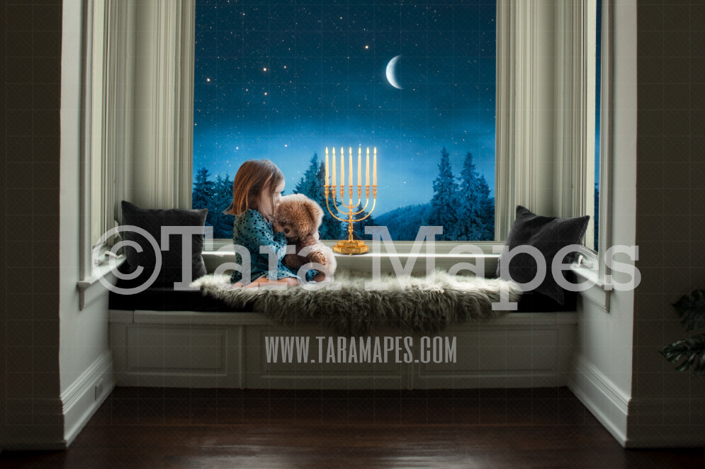 Hanukkah Menorah Digital Backdrop - Temple Menorah in Window  - Jewish Chanukah Background - Holiday Digital Background Backdrop