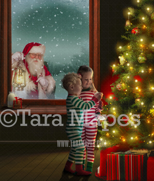 Santa Looking in - Decorating a Christmas Tree Scene -  Santa in Window Watching Holiday Christmas Digital Background Backdrop