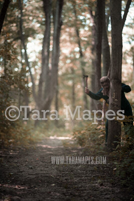 Halloween Digital Backdrop - Serial Killer Peeking Behind Tree with Ax in Woods - Fun Spooky - Killer in Woods with Axe -  Digital Background / Backdrop