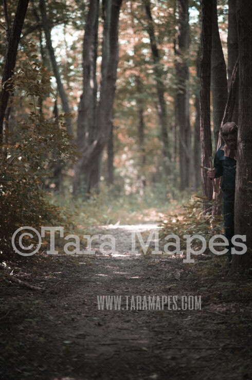 Halloween Digital Backdrop - Serial Killer Peeking Behind Tree in Woods - Fun Spooky - Killer in Woods - Digital Background / Backdrop