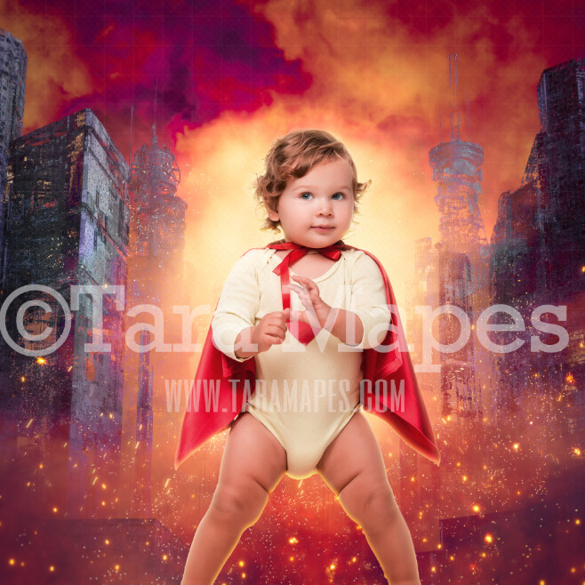 Superhero Digital Backdrop - City on Fire Backdrop - Superhero Explosion - Superhero City Digital Background