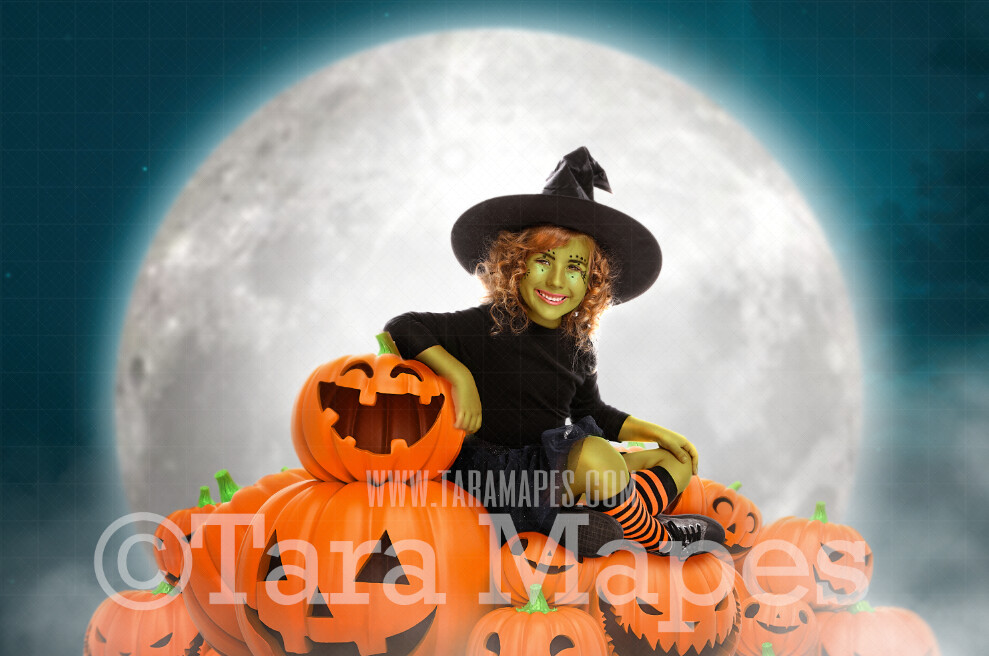 Halloween Digital Backdrop - Jack-o-lantern Hill and Moon - Smiling Pumpkins- Halloween Digital Background