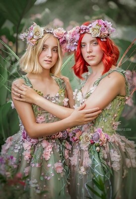 Fairy Leaves Digital Backdrop - Fairy Scene- Big Leaves and Flowers  Digital Background