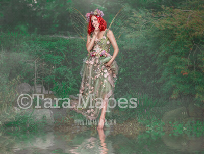 Fairy Pond Digital Backdrop - Green Garden by Pond - Natural Digital Background