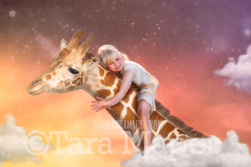 Giraffe Digital Backdrop - Giraffe Dreams - Smiling giraffe in Sky with Clouds - Giraffe Digital Background by Tara Mapes