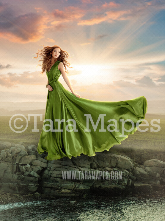 Painterly Countryside Digital Backdrop - Rocks by River in Sunset - Natural Digital Background