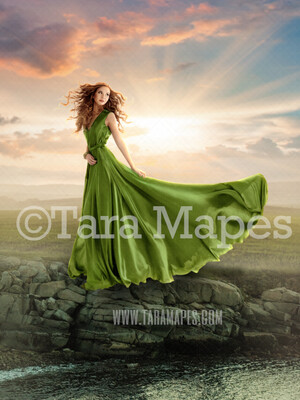 Painterly Countryside Digital Backdrop - Rocks by River in Sunset - Natural Digital Background