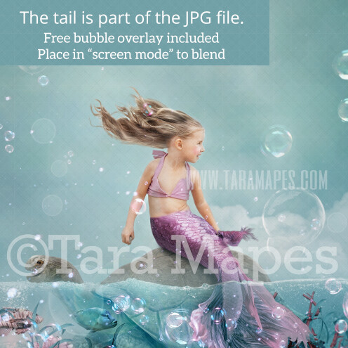 Mermaid Turtle in Ocean Digital Backdrop - Mermaid Tail on Turtle Rock in Ocean-  JPG File Digital Background
