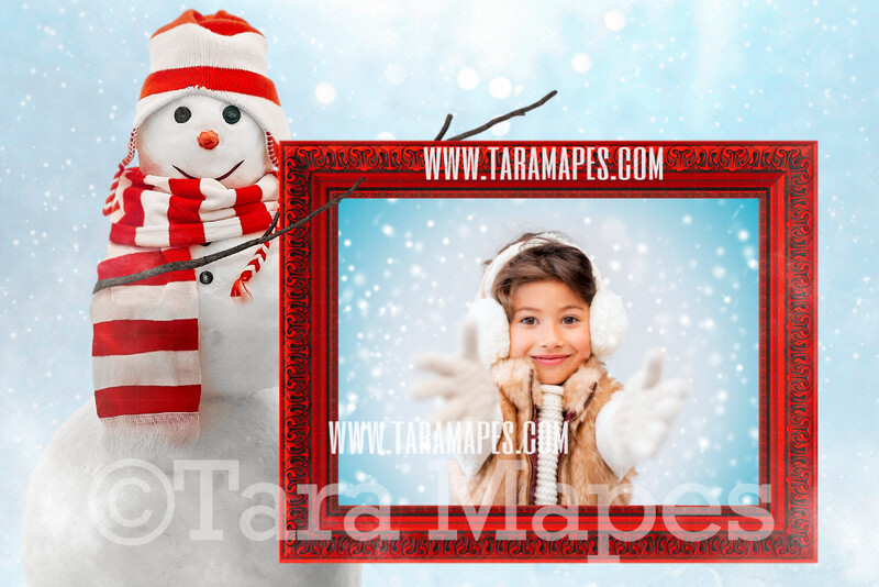 Snowman Digital Backdrop - Snowman with Picture Frame-  Snowman Frame - Holiday Christmas Digital Background - FREE snow overlay included