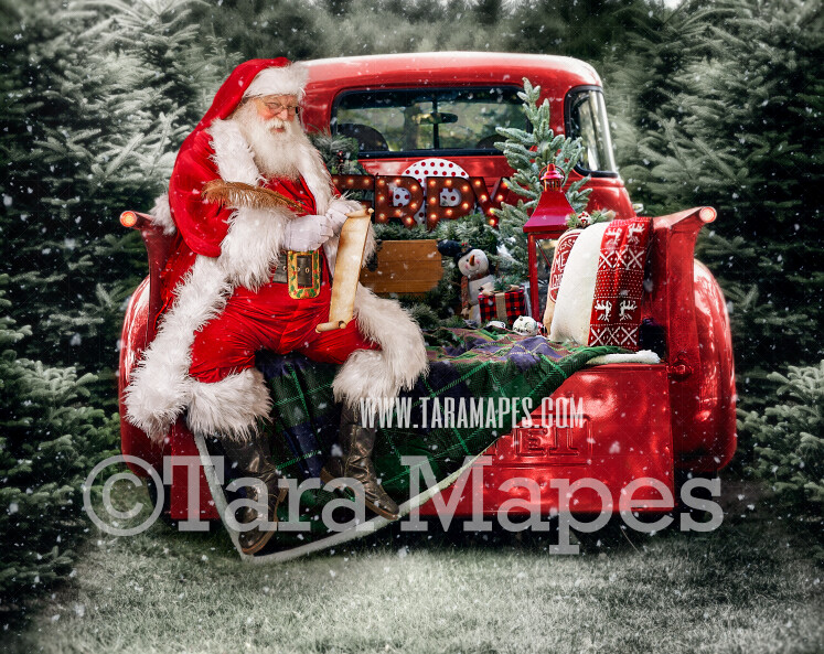 Christmas Digital Backdrop - Santa Sitting on Vintage Christmas Truck - Christmas Truck in Tree Farm - with Free Snow Overlay - Christmas Digital Background