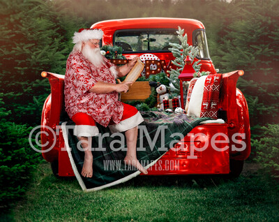 Christmas Digital Backdrop - Summer Santa Sitting on Vintage Red Truck - Christmas Truck in Tree Farm - Christmas Digital Background