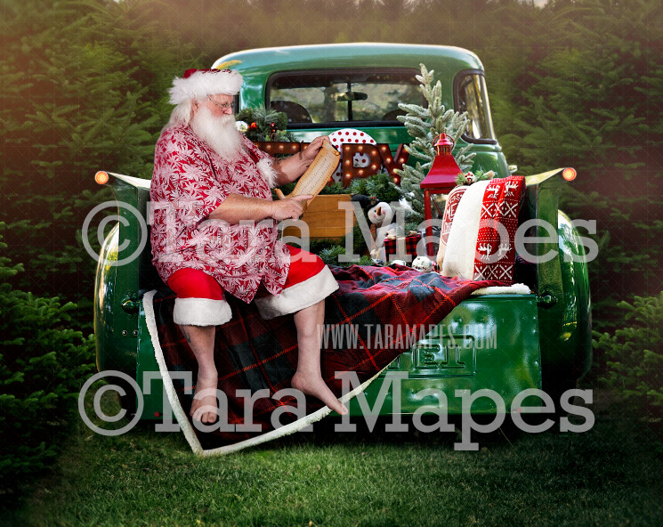Christmas Digital Backdrop - Summer Santa Sitting on Vintage Green Truck - Christmas Truck in Tree Farm - Christmas Digital Background