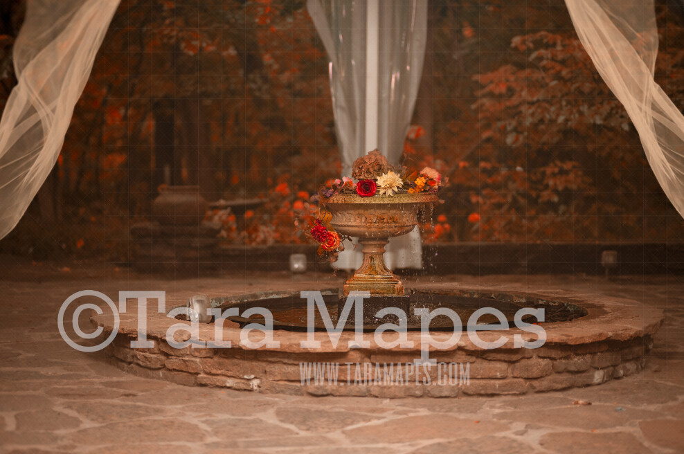 Autumn Fountain Scene - Dreamy Nature Natural Fall Fountain in Castle Scene with Flowing Sheer Curtains - Digital Background by Tara Mapes