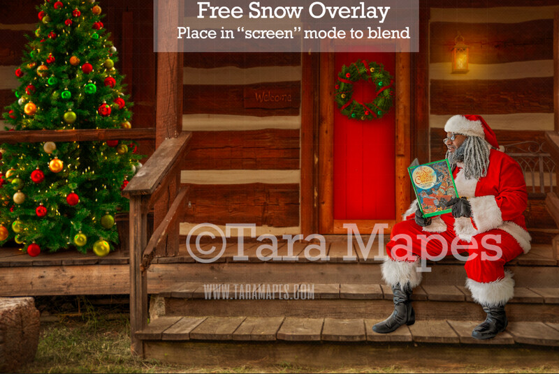 Black Santa Digital Backdrop - Black Santa 's Cabin - Santa on Log Cabin Steps - with Free Snow Overlay - Christmas Digital Background