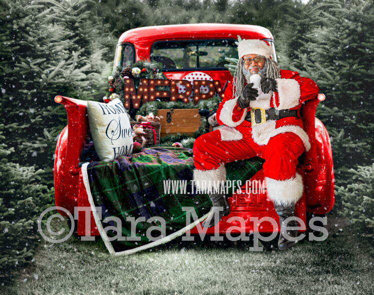 Christmas Digital Backdrop - Black Santa Sitting on Vintage Christmas Truck - Christmas Truck in Tree Farm - with Free Snow Overlay - Christmas Digital Background