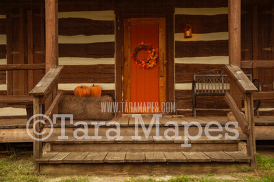 Fall Cabin - Fall Barn - Barn in Autumn - Hay and Pumpkins on Cabin Stairs- Digital Background by Tara Mapes