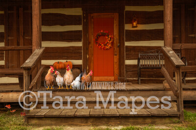 Fall Cabin with Chickens on Porch- Fall Barn - Barn in Autumn - Hay and Pumpkins on Cabin Stairs- Digital Background by Tara Mapes