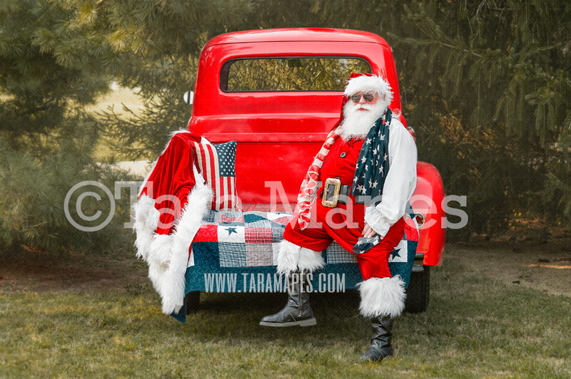 America 'Merica Santa on Red Vintage Truck - Fourth of July - Americana Santa - Christmas Truck Vintage Red Truck Digital Background Backdrop