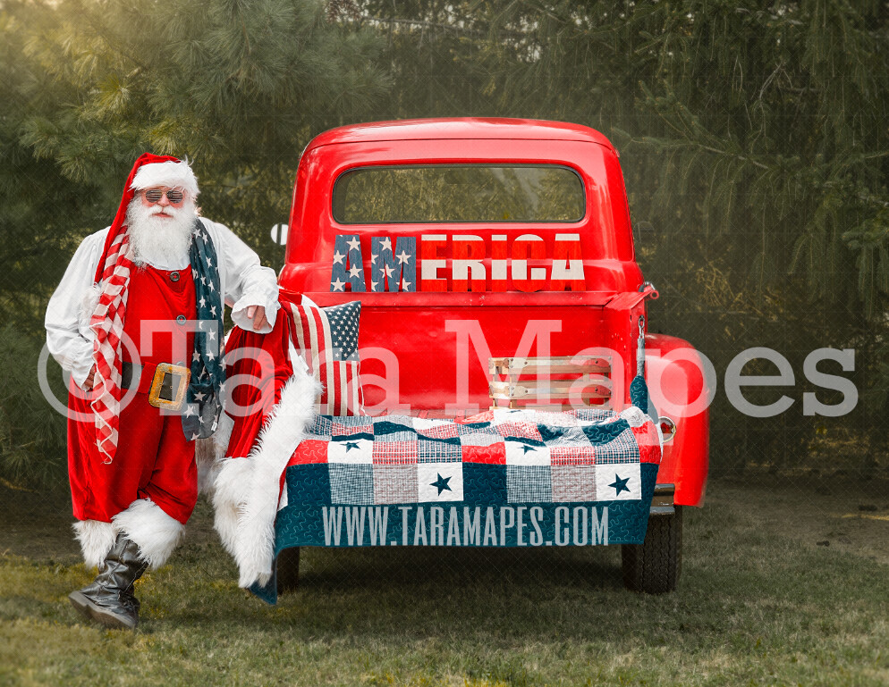 America 'Merica  Santa by Red Vintage Truck - Fourth of July - Christmas in July - Americana Santa - Christmas Truck Vintage Red Truck Digital Background Backdrop
