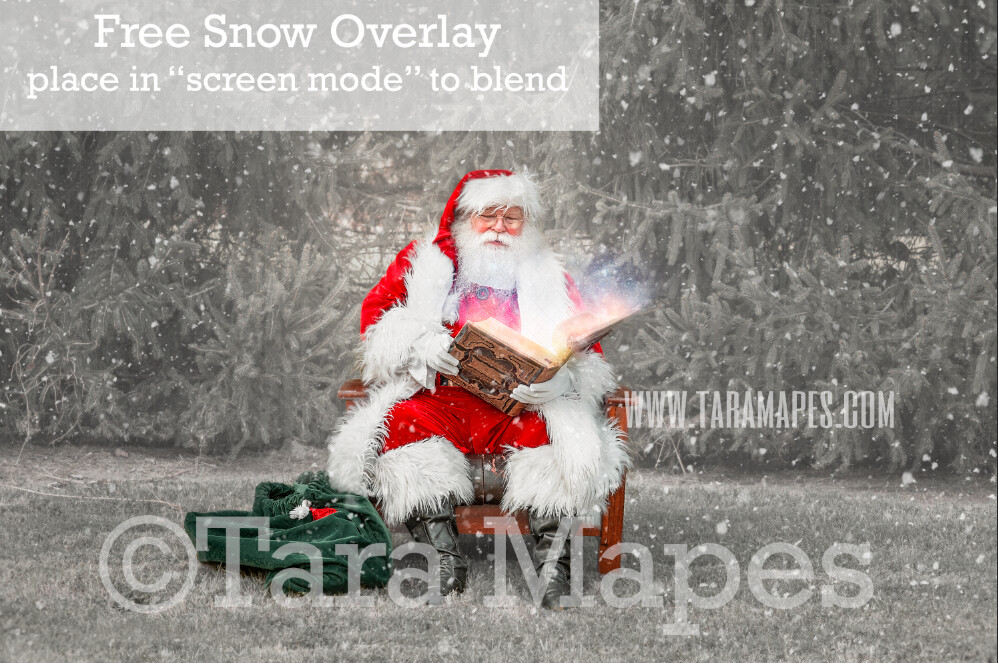 Santa Digital Backdrop - Santa Reading Magic Book by Pines - Free Snow Overlay Included - Santa at North Pole Christmas Digital Backdrop by Tara Mapes