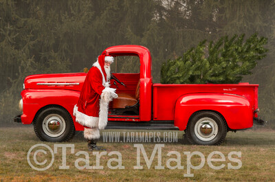 Santa Digital Backdrop - Santa&#39;s Truck- Christmas Truck in Tree Farm Holiday Family Digital Background Backdrop