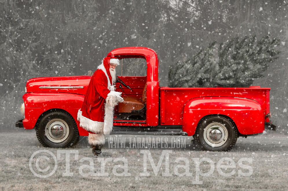 Santa Digital Backdrop - Santa's Truck - Vintage Red Christmas Truck Digital Backdrop - Christmas Truck in Tree Farm - with Free Snow Overlay - Christmas Digital Background