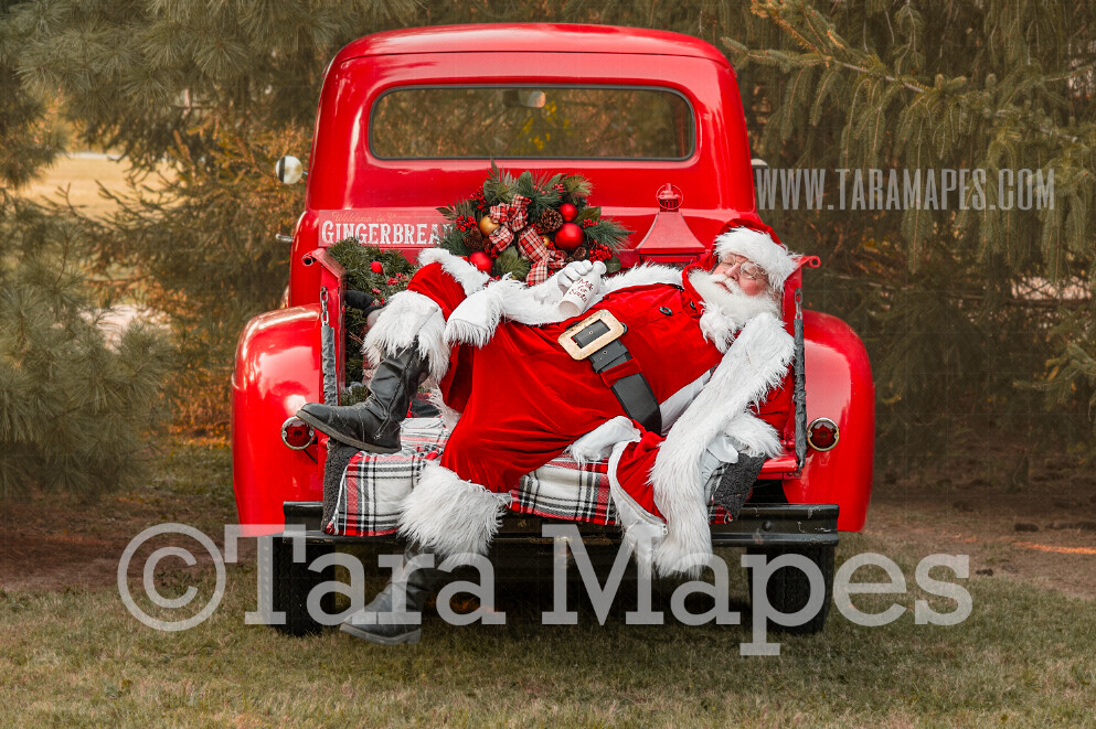 Santa Digital Backdrop - Santa Sleeping in Christmas Truck - Vintage Red Christmas Truck Digital Backdrop - Christmas Truck in Tree Farm - Christmas Digital Background