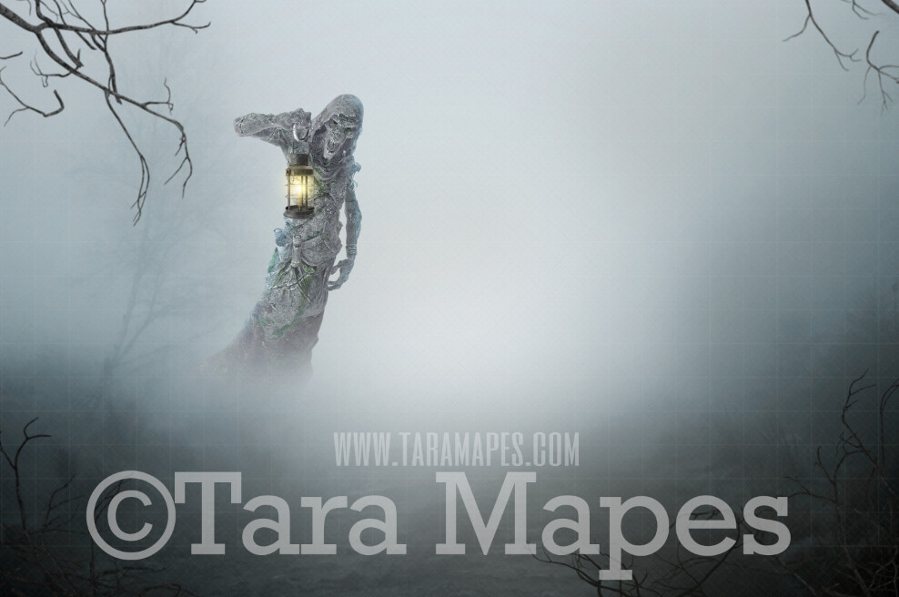 Halloween Digital Backdrop - Ghost in the Graveyard- Skeleton Graveyard Haunt-  Foggy Graveyard Halloween Digital Background