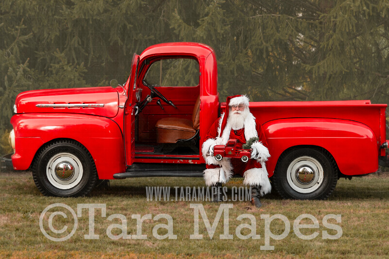 Santa Digital Backdrop - Santa's Truck- Christmas Truck in Tree Farm Holiday Family Digital Background Backdrop