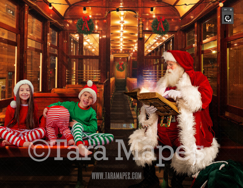 Santa Digital Backdrop - Santa on Train Reading Magic Book - Santa's Train - Santa Reading Book - Christmas Digital Background Backdrop
