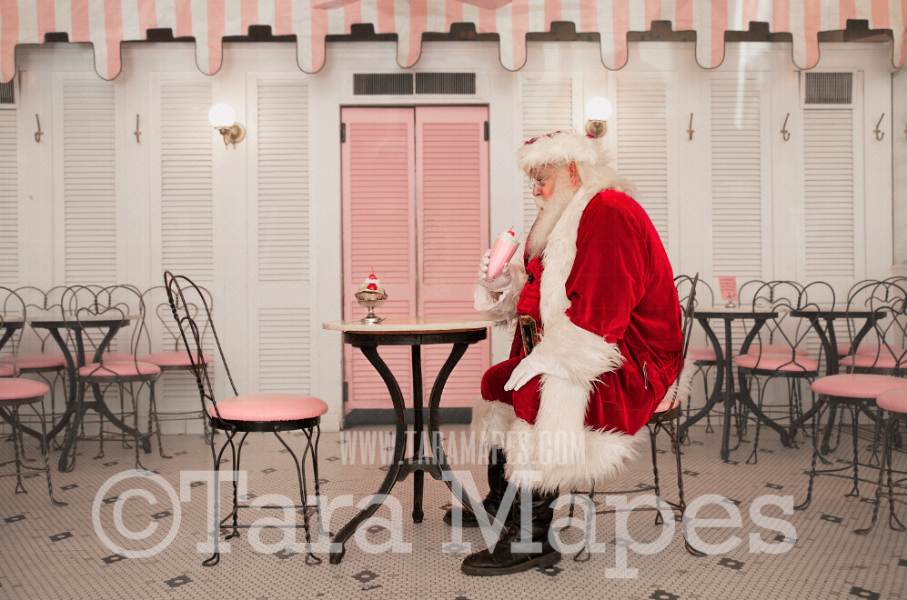 Santa Digital Backdrop - Santa in Old Fashioned Ice Cream Parlor - Fifties Ice Cream Parlor - Vintage Christmas Digital Background Backdrop
