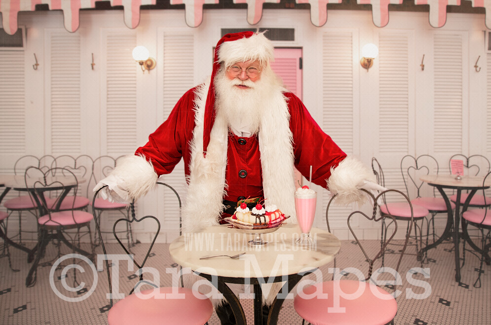 Santa Digital Backdrop - Santa in Old Fashioned Ice Cream Parlor - Fifties Ice Cream Parlor - Ice Cream Shop Santa - Vintage Christmas Digital Background Backdrop