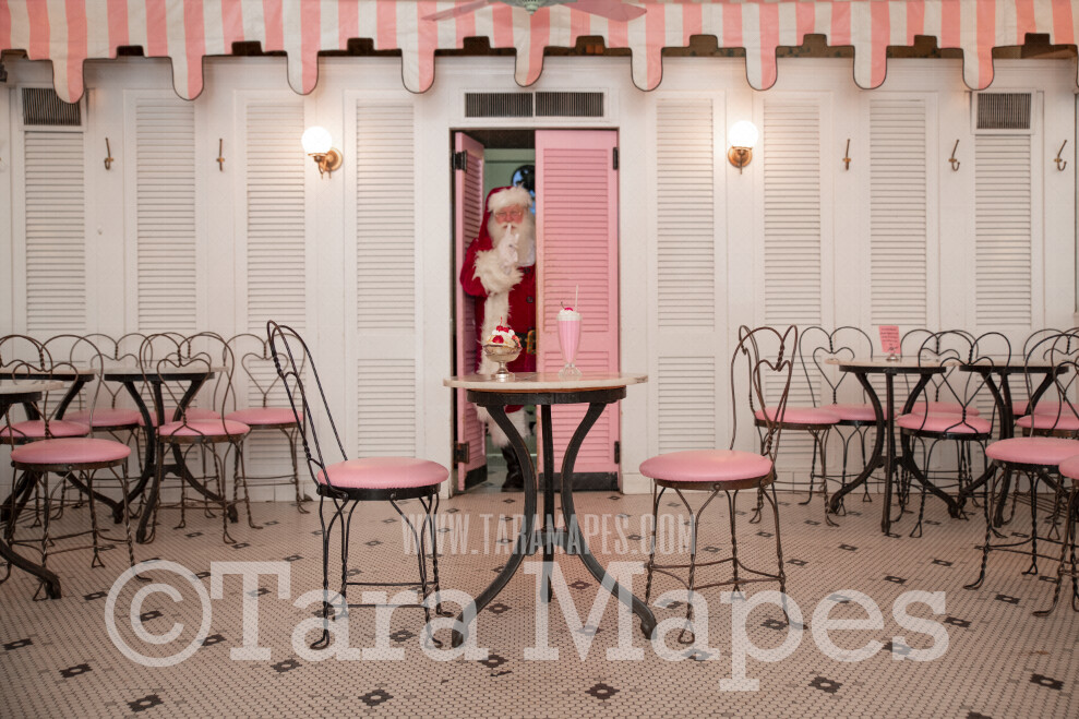 Santa Digital Backdrop - Santa in Old Fashioned Ice Cream Parlor - Fifties Ice Cream Parlor - Ice Cream Shop Santa - Vintage Christmas Digital Background Backdrop