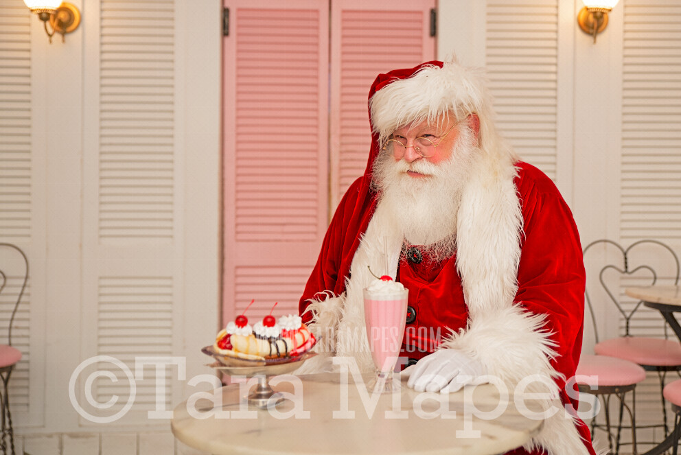 Santa Digital Backdrop - Santa in Old Fashioned Ice Cream Parlor - Fifties Ice Cream Parlor - Ice Cream Shop Santa - Vintage Christmas Digital Background Backdrop