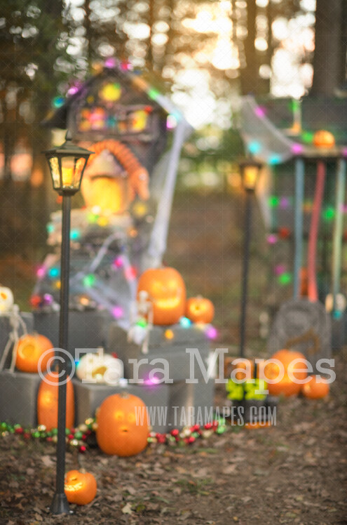 Halloween Digital Backdrop - Halloween Town- Pumpkins and Colorful Halloween Houses - Halloween Digital Background Backdrop