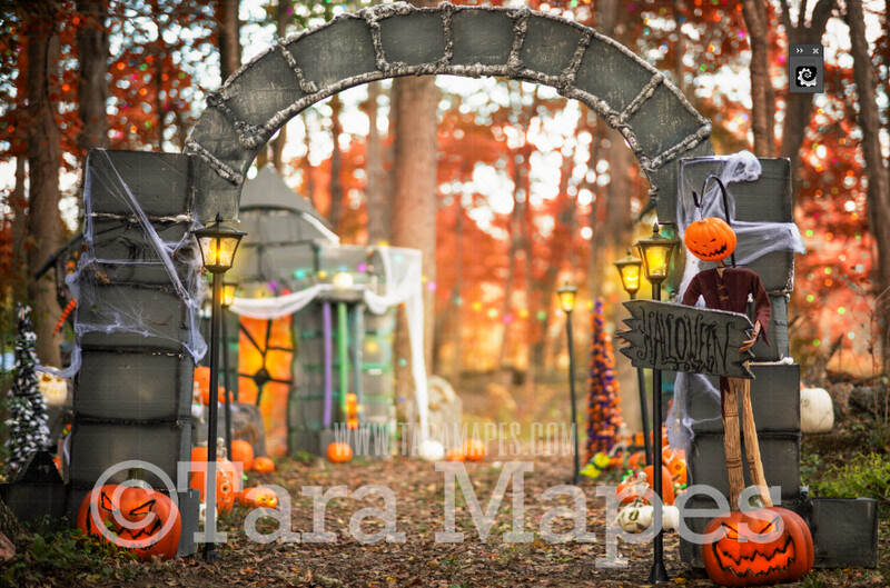 Halloween Digital Backdrop - Halloween Town-  Cemetery Arch Gate with Pumpkins and Colorful Halloween Houses - Halloween Digital Background Backdrop