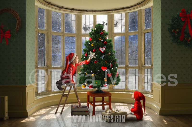 Christmas Window - Big Victorian Window with Christmas Tree - Santa in Moon at Magical Bay Window - Decorating Christmas Tree Scene Painterly Style Cozy Christmas Holiday Digital Background Backdrop