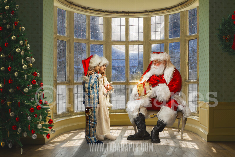Christmas Window -Santa Digital Backdrop-  Santa with Magic Gift Painterly Style Cozy Christmas Holiday Digital Background Backdrop