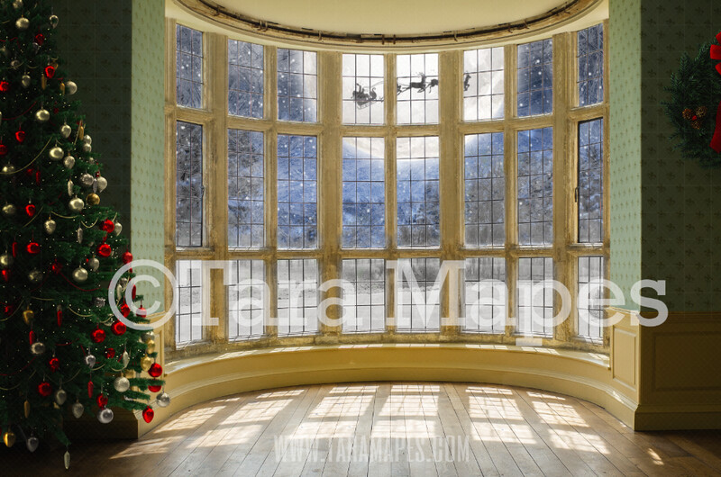 Christmas Window - Big Victorian Window  - Santa in Moon at Magical Bay Window -  Painterly Style Cozy Christmas Holiday Digital Background Backdrop