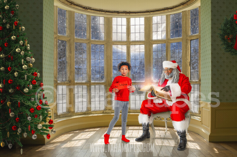 Christmas Window -Black Santa Digital Backdrop-  Santa Reading Magic Book by Window - Victorian Vintage Santa Backdrop - Painterly Style Cozy Christmas Digital Background Backdrop