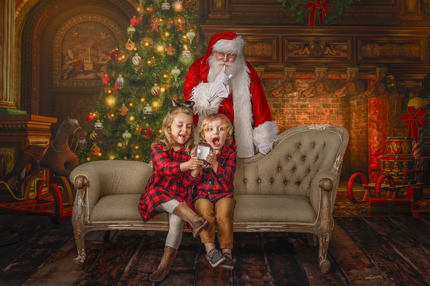 Santa Digital Backdrop - Santa Behind Couch- Santa Watching - Santa Shh by Fireplace- Christmas Digital Background by Tara Mapes