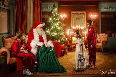 Santa Claus on Couch in Vintage Room - Santa Claus with GIftbag by Fireplace - Cozy Christmas Holiday Digital Background Backdrop