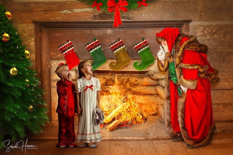 Santa Digital Backdrop - Victorian Santa at Old Stone Fireplace with Stockings and Christmas Tree - Christmas Cabin with Santa - Christmas Digital Background by Tara Mapes