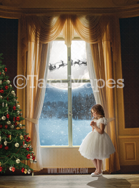 Christmas Window - Big Window with Santa in Moon - Window with Curtains and Christmas Tree Cozy Christmas Holiday Digital Background Backdrop