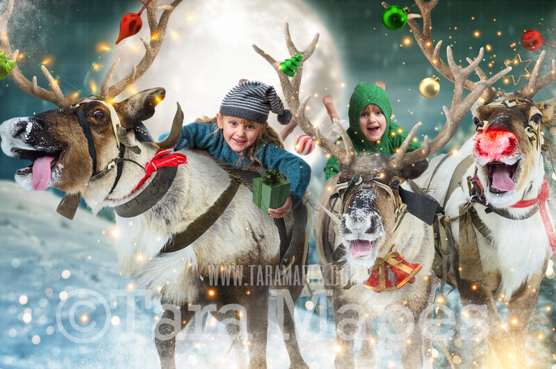 Funny Reindeer Digital Backdrop - Reindeer Games Layered PSD! Rudolph Flying Smiling Deer Digital Background