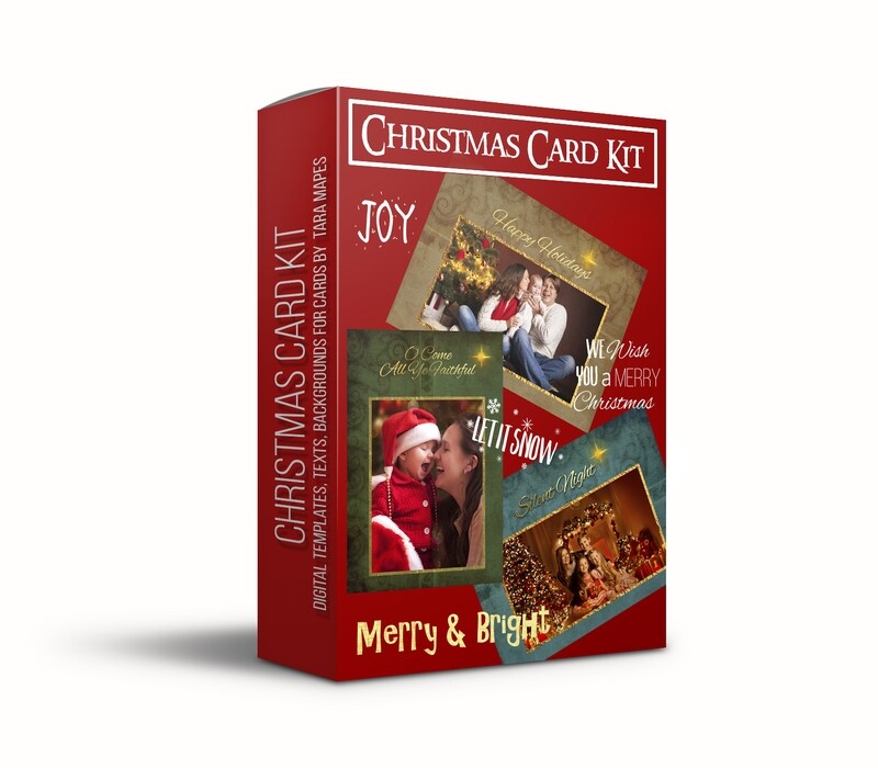 Christmas Card Kit: Digital Kit of Card PNG Overlays, PSD Templates, Christmas Text PNGs and Christmas Paper Digital Backgrounds for Making Cards in Photoshop