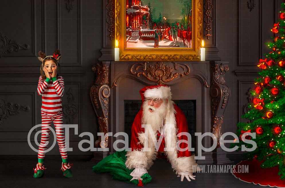 Santa Digital Backdrop - Santa in Fireplace - Catching Santa in Fireplace by Christmas Tree - Christmas Digital Background by Tara Mapes